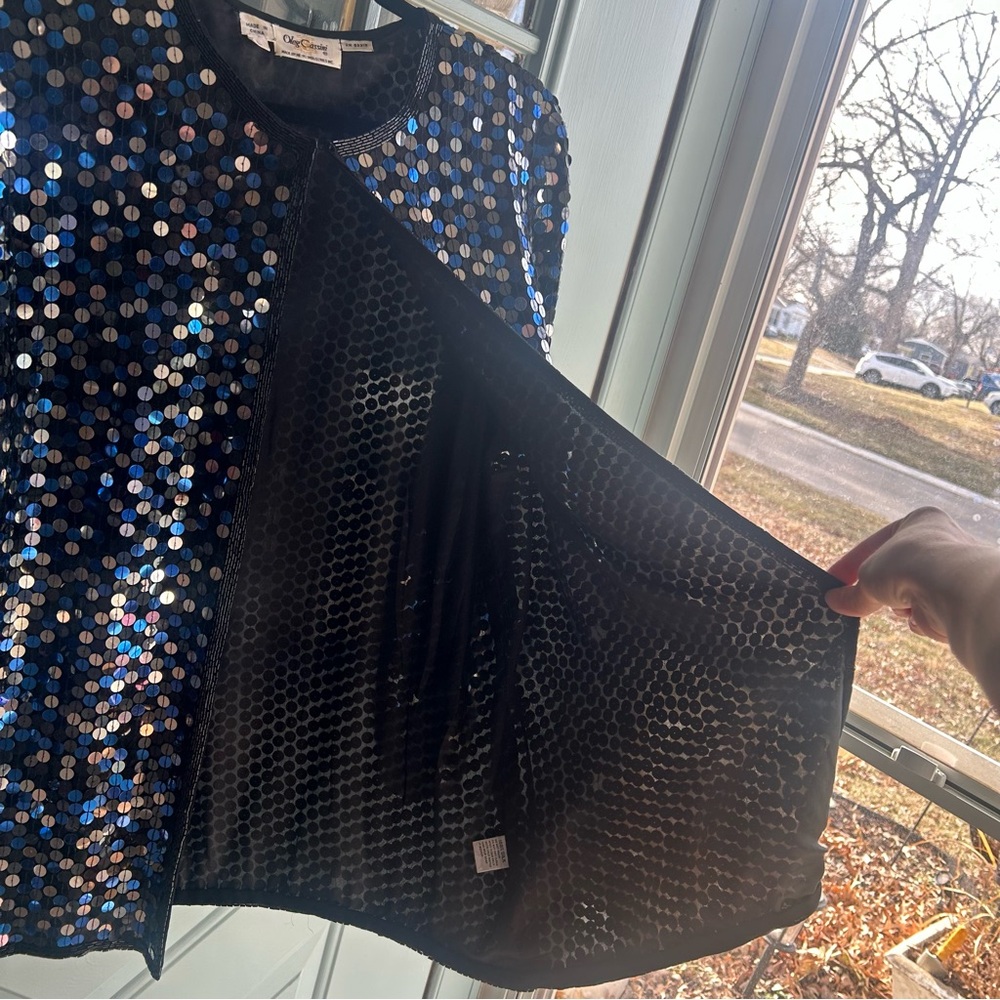 Vintage Sequin Beaded 100% Silk Oversized Jacket Oleg Cassini Silver & Blue L - Picture 7 of 12